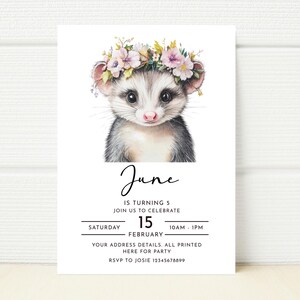 Baby Girl Opossum Invitation Invite Printable Digital Editable Electronic Mobile Phone Download Text Message Birthday Party Girl