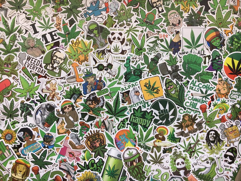 cannabis stickers cool ganja Lot of weed stickers hemp leaves cannabis leaves funny drawings and characters fun