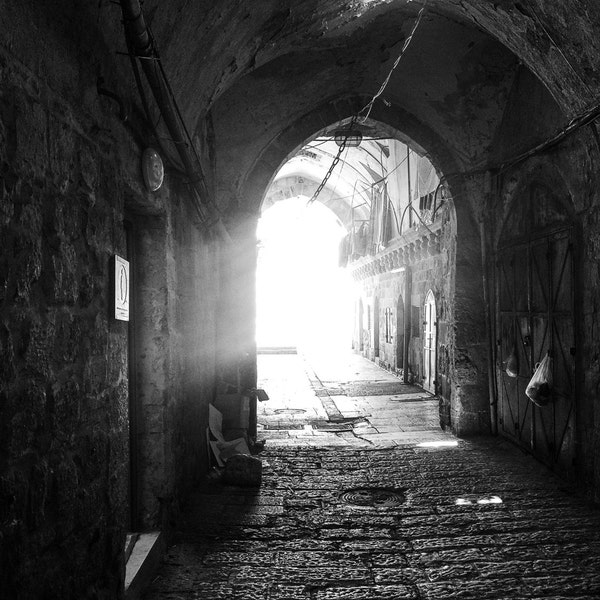 shadows, tunnel, jerusalem, old city, israel, alley, black and white, photograph, photo, print, modern, minimalist, abstract, photography