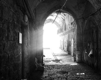 shadows, tunnel, jerusalem, old city, israel, alley, black and white, photograph, photo, print, modern, minimalist, abstract, photography