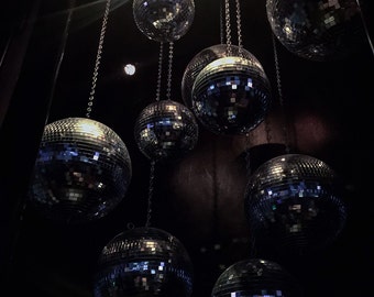 mirror balls, new year's eve, party, disco, club, photo, print, modern, minimalist, lights, night, dark,  abstract, photography