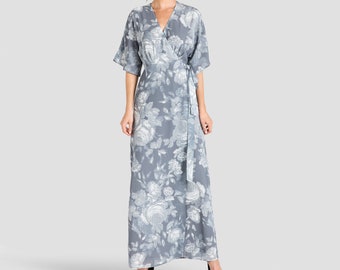 Standards & Practices Olivia Gray Floral Print Kimono Chiffon Wrap Maxi Dress, Linen Wrap Dress Maxi Dress, V-Neck Floral Print Dress