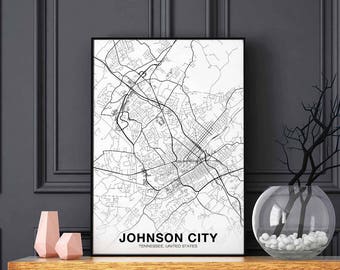 Johnson City Johnson City Tennessee Tn Usa Map Poster Black White Wall Decor Design Modern Motto Scandinavian Minimal Nordic Housewarming Travel Bedroom