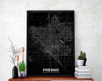 FRESNO California CA USA map poster black white Hometown City Print Modern Home Decor Office Decoration Wall Art Dorm Bedroom Gift