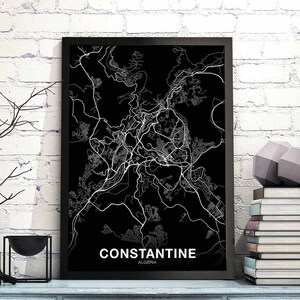CONSTANTINE Algérie carte affiche noir blanc ville natale ville impression moderne décor à la maison bureau décoration mur art dortoir chambre cadeau