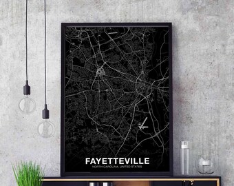 FAYETTEVILLE North Carolina NC USA map poster black white Hometown City Print Modern Home Decor Office Decoration Wall Art Dorm Bedroom Gift