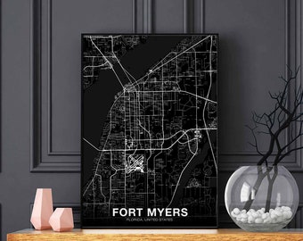 FORT MYERS Florida FL usa map poster black white Hometown City Print Modern Home Decor Office Decoration Wall Art Dorm Bedroom Gift