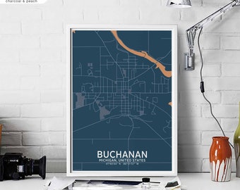 BUCHANAN Michigan USA map poster black white Hometown City Print Modern Home Decor Office Decoration Wall Art Dorm Bedroom Gift
