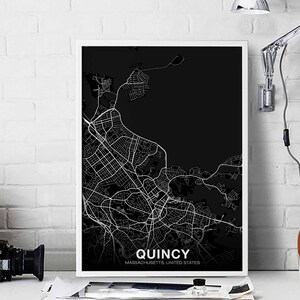 QUINCY Massachusetts MA USA carte affiche noir blanc ville natale ville impression moderne décor à la maison bureau décoration mur art dortoir chambre cadeau