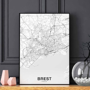 BREST France carte affiche noir blanc ville natale ville impression moderne décor à la maison bureau décoration mur art dortoir chambre cadeau
