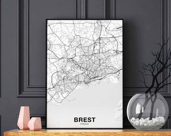 BREST France map poster black white Hometown City Print Modern Home Decor Office Decoration Wall Art Dorm Bedroom Gift