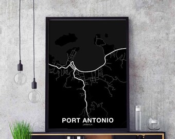 PORT ANTONIO Jamaica map poster black white Hometown City Print Modern Home Decor Office Decoration Wall Art Dorm Bedroom Gift