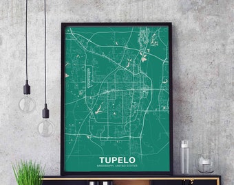 TUPELO Mississippi MS USA map poster color Hometown City Print Modern Home Decor Office Decoration Wall Art Dorm Bedroom Gift