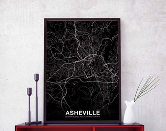 ASHEVILLE North Carolina NC US map poster black white Hometown City Print Modern Home Decor Office Decoration Wall Art Dorm Bedroom Gift