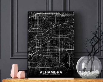 ALHAMBRA California CA US map poster black white Hometown City Print Modern Home Decor Office Decoration Wall Art Dorm Bedroom Gift