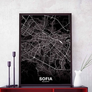 SOFIA bulgare carte affiche noir blanc ville natale ville impression moderne décor à la maison bureau décoration mur art dortoir chambre cadeau