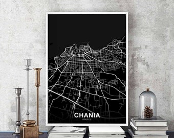 CHANIA  Greece map poster black white Hometown City Print Modern Home Decor Office Decoration Wall Art Dorm Bedroom Gift
