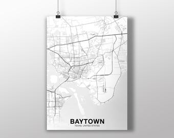 BAYTOWN Texas TX usa map poster black white Hometown City Print Modern Home Decor Office Decoration Wall Art Dorm Bedroom Gift