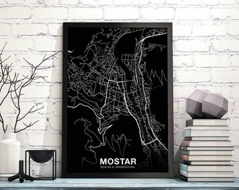 MOSTAR Bosnia Herzegovina map poster black white Hometown City Print Modern Home Decor Office Decoration Wall Art Dorm Bedroom Gift