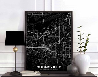 BURNSVILLE Minnesota MN USA map poster black white Hometown City Print Modern Home Decor Office Decoration Wall Art Dorm Bedroom Gift