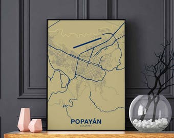 POPAYAN Colombia map poster color Hometown City Print Modern Home Decor Office Decoration Wall Art Dorm Bedroom Gift