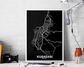 KUSADASI Turkey map poster black white Hometown City Print Modern Home Decor Office Decoration Wall Art Dorm Bedroom Gift