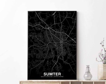 SUMTER South Carolina USA map poster black white Hometown City Print Modern Home Decor Office Decoration Wall Art Dorm Bedroom Gift