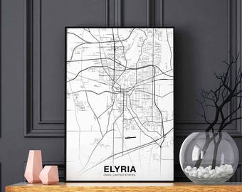 ELYRIA Ohio OH USA map poster black white Hometown City Print Modern Home Decor Office Decoration Wall Art Dorm Bedroom Gift