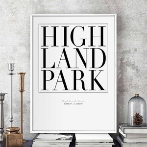 HIGHLAND PARK minimal typography art print poster black white wall decor design modern swiss scandinavian nordic inspiration city