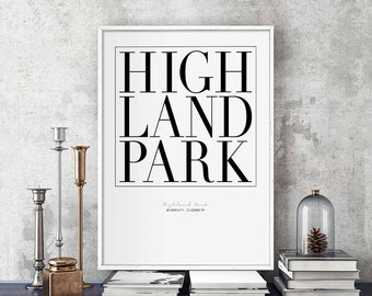 HIGHLAND PARK minimal typography art print poster black white wall decor design modern swiss scandinavian nordic inspiration city
