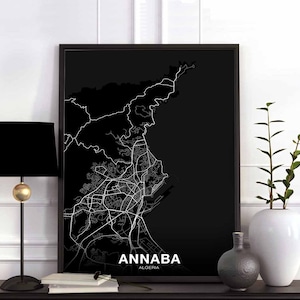 ANNABA algérie carte affiche noir blanc ville natale ville impression moderne décor à la maison bureau décoration mur art dortoir chambre cadeau