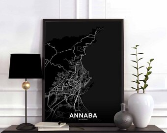 ANNABA Algeria map poster black white  Hometown City Print Modern Home Decor Office Decoration Wall Art Dorm Bedroom Gift