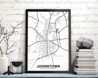 JOHNSTOWN New York ny USA map poster black white Hometown City Print Modern Home Decor Office Decoration Wall Art Dorm Bedroom Gift