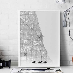 CHICAGO Illinois IL usa kaart poster zwart wit woonplaats stad print modern interieur kantoordecoratie kunst aan de muur slaapzaal slaapkamer cadeau
