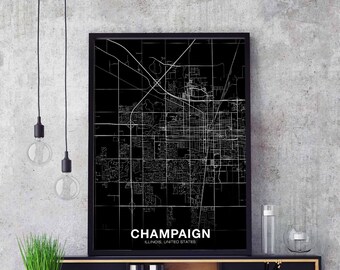 CHAMPAIGN Illinois IL USA map poster black white Hometown City Print Modern Home Decor Office Decoration Wall Art Dorm Bedroom Gift