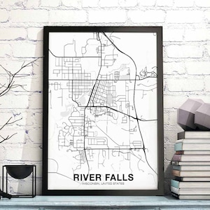 RIVER FALLS Wisconsin WI USA Karte Poster schwarz weiß Heimatstadt Stadt Druck Modernes Wohndekor Büro Dekoration Wand Kunst Wohnheim Schlafzimmer Geschenk