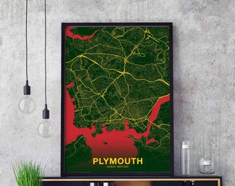 PLYMOUTH Great Britain UK map poster color Hometown City Print Modern Home Decor Office Decoration Wall Art Dorm Bedroom Gift