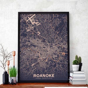 ROANOKE Virginie VA US carte affiche couleur ville natale ville impression moderne décor à la maison bureau décoration mur art dortoir chambre cadeau