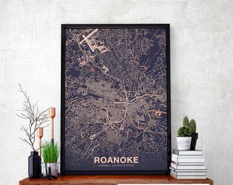 ROANOKE Virginia VA US map poster color Hometown City Print Modern Home Decor Office Decoration Wall Art Dorm Bedroom Gift