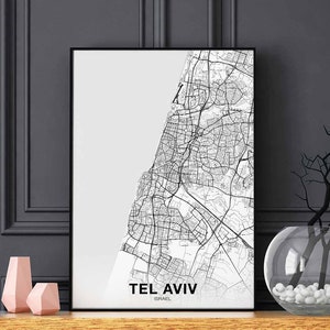 TEL AVIV israël carte affiche noir blanc ville natale ville impression moderne décor à la maison bureau décoration mur art dortoir chambre cadeau