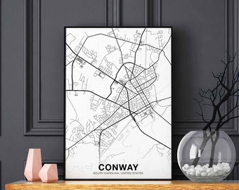 CONWAY South Carolina SC USA map poster black white Hometown City Print Modern Home Decor Office Decoration Wall Art Dorm Bedroom Gift