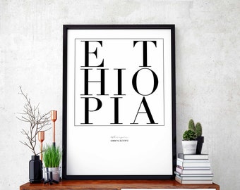 Ethiopia minimal typography art print poster black white wall decor design modern swiss scandinavian nordic inspiration city