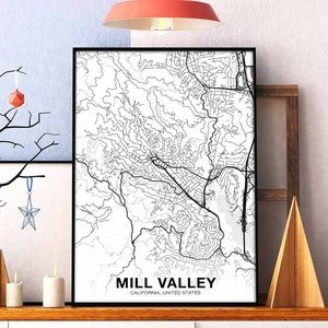 MILL VALLEY Californië CA usa kaart poster zwart wit woonplaats stad print modern interieur kantoordecoratie kunst aan de muur slaapzaal slaapkamer cadeau