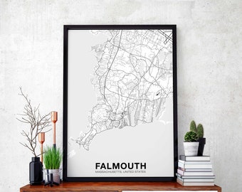 FALMOUTH Massachusetts MA USA map poster black white Hometown City Print Modern Home Decor Office Decoration Wall Art Dorm Bedroom Gift