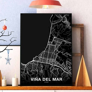 VINA DEL MAR Chili kaart poster zwart wit Woonplaats Stad Print Modern Home Decor Kantoor Decoratie Wall Art Slaapzaal Slaapkamer Cadeau