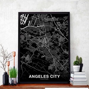 ANGELES CITY Philippines carte affiche noir blanc ville natale ville impression moderne décor à la maison bureau décoration mur art dortoir chambre cadeau
