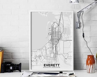 EVERETT Washington WA USA map poster black white Hometown City Print Modern Home Decor Office Decoration Wall Art Dorm Bedroom Gift