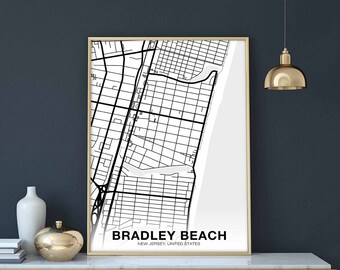BRADLEY BEACH New Jersey NJ usa map poster black white Hometown City Print Modern Home Decor Office Decoration Wall Art Dorm Bedroom Gift