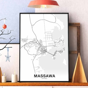 MASSAWA érythrée carte affiche noir blanc ville natale ville impression moderne décor à la maison bureau décoration mur art dortoir chambre cadeau