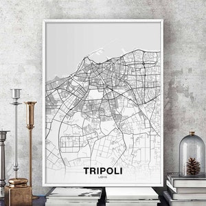 TRIPOLI libye carte affiche noir blanc ville natale ville impression moderne décor à la maison bureau décoration mur art dortoir chambre cadeau